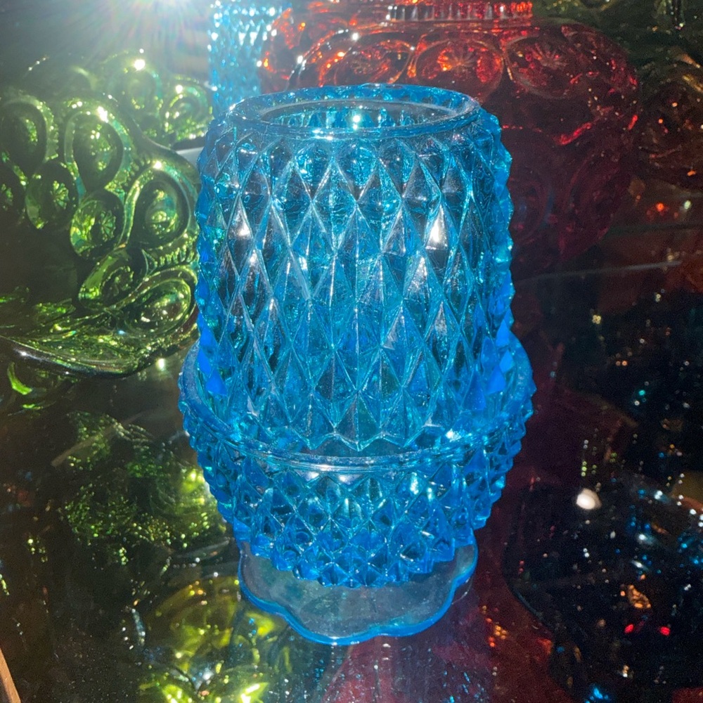 Indiana Glass Vintage Peacock Blue Diamond Point 2 Piece